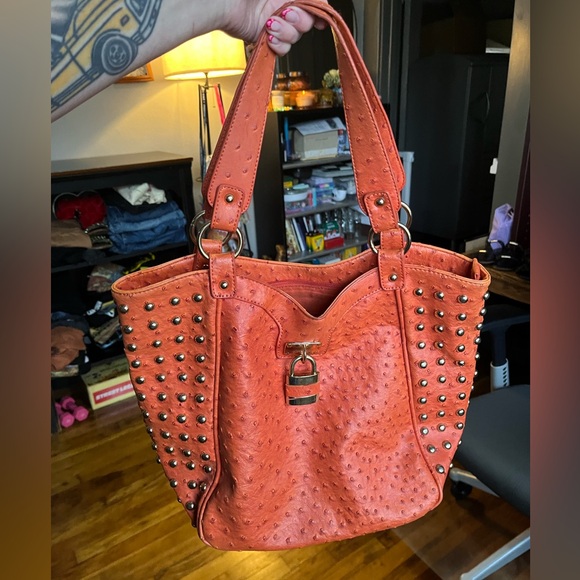 Expressions Nyc Handbags - Expressions NYC Orange Faux Ostrich Studded Shoulder Bag Slightly Flawed